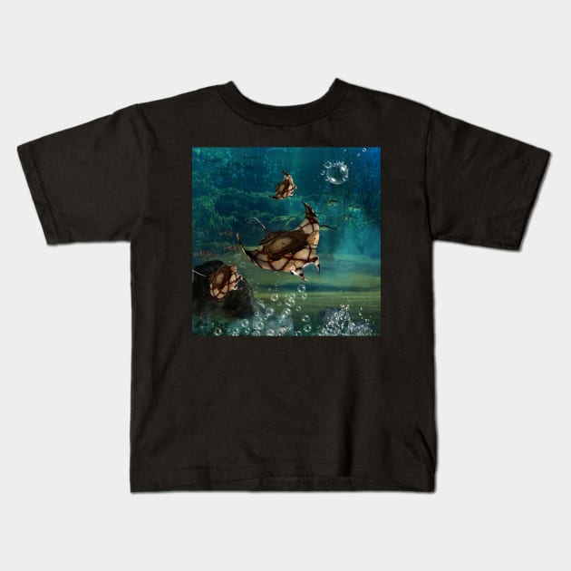 Awesome steampunk manta ray in the deep ocean Kids T-Shirt by Nicky2342